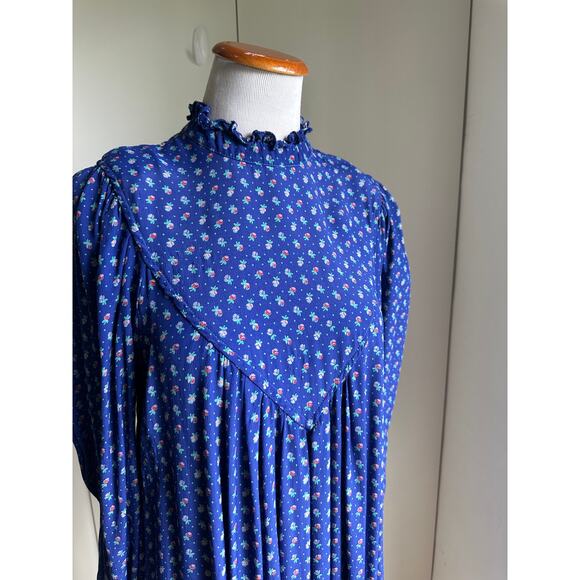 Vintage 80s Womens Midi Dress Size M 6-8 Blue Micro Floral Prt Prairie Dress - Picture 2 of 12